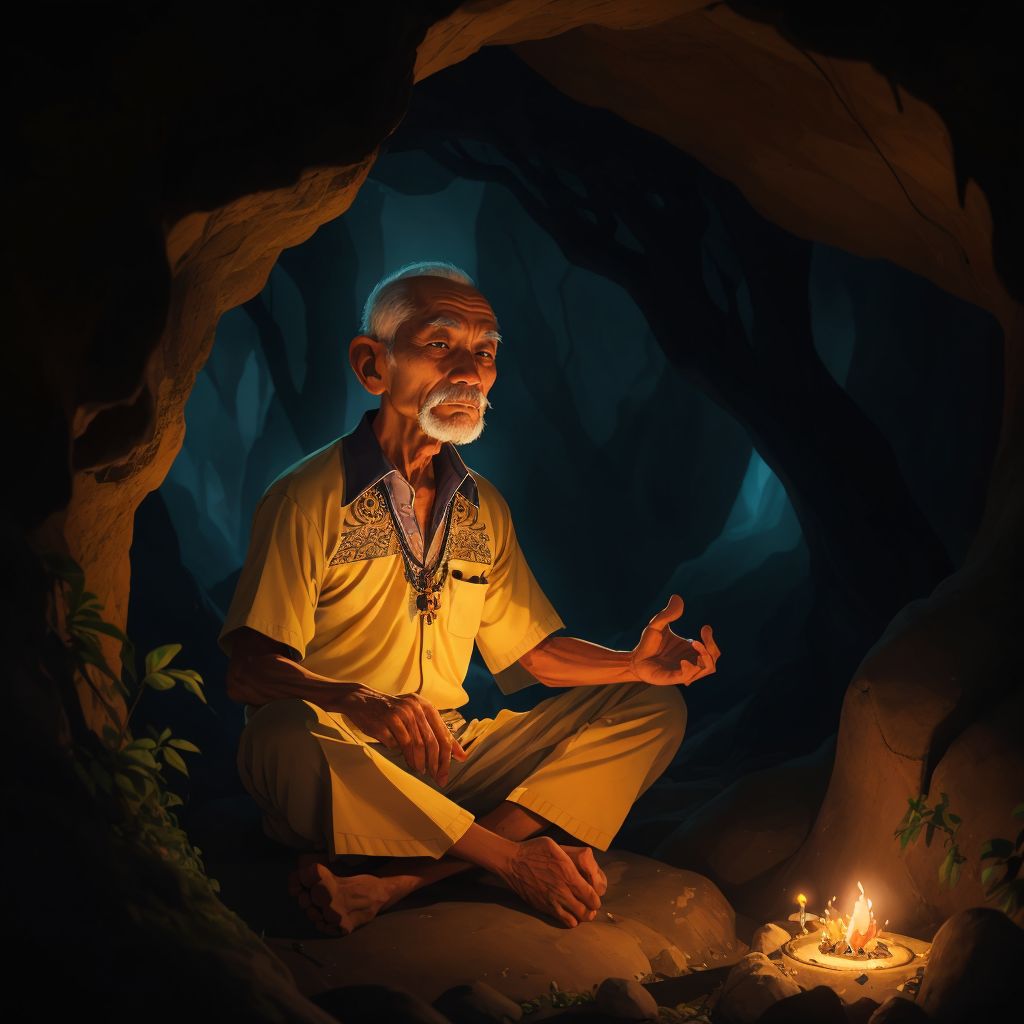 Mpu Agung, an elderly man with a serene expression, meditating in a cave filled with glowing mystical symbols