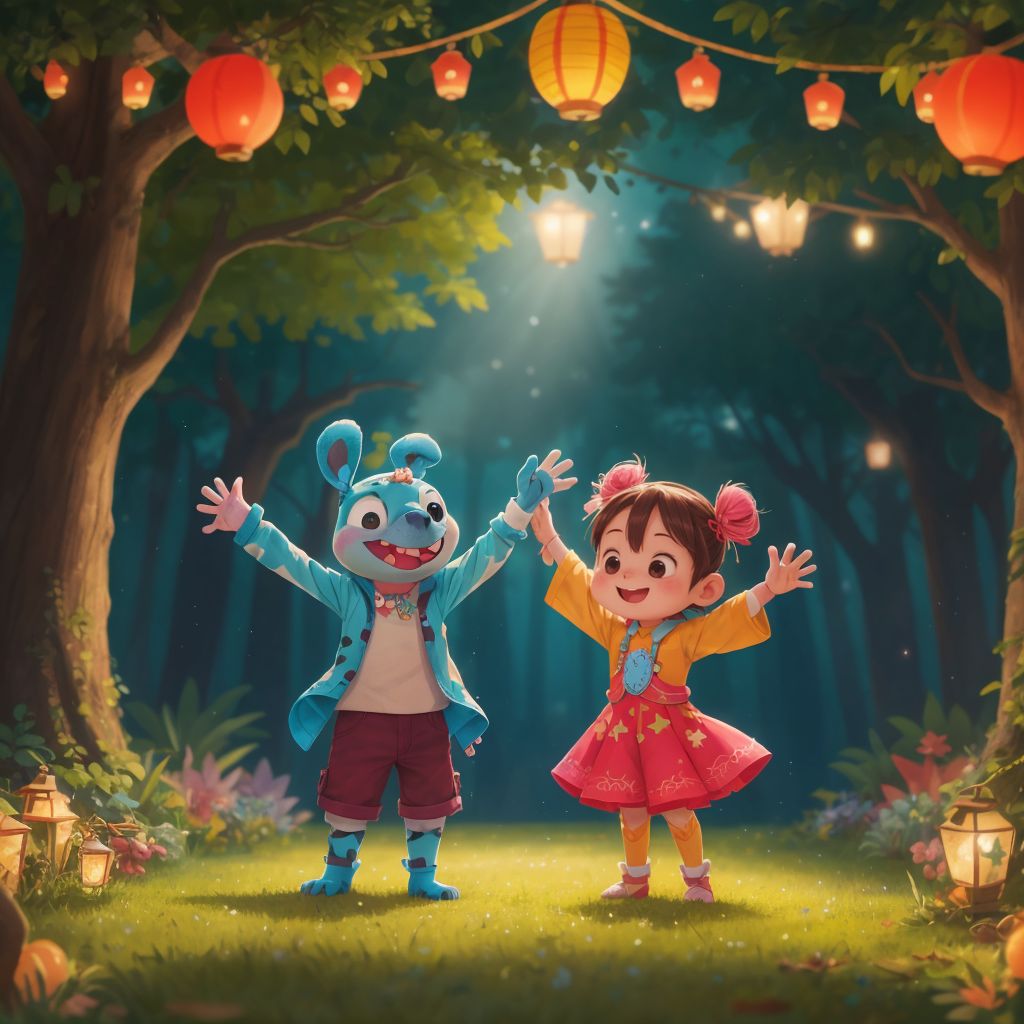 Stitch and Sparki greeting the girls with open arms at the clearing, with colorful lanterns floating in the air and a sparkling dance floor.