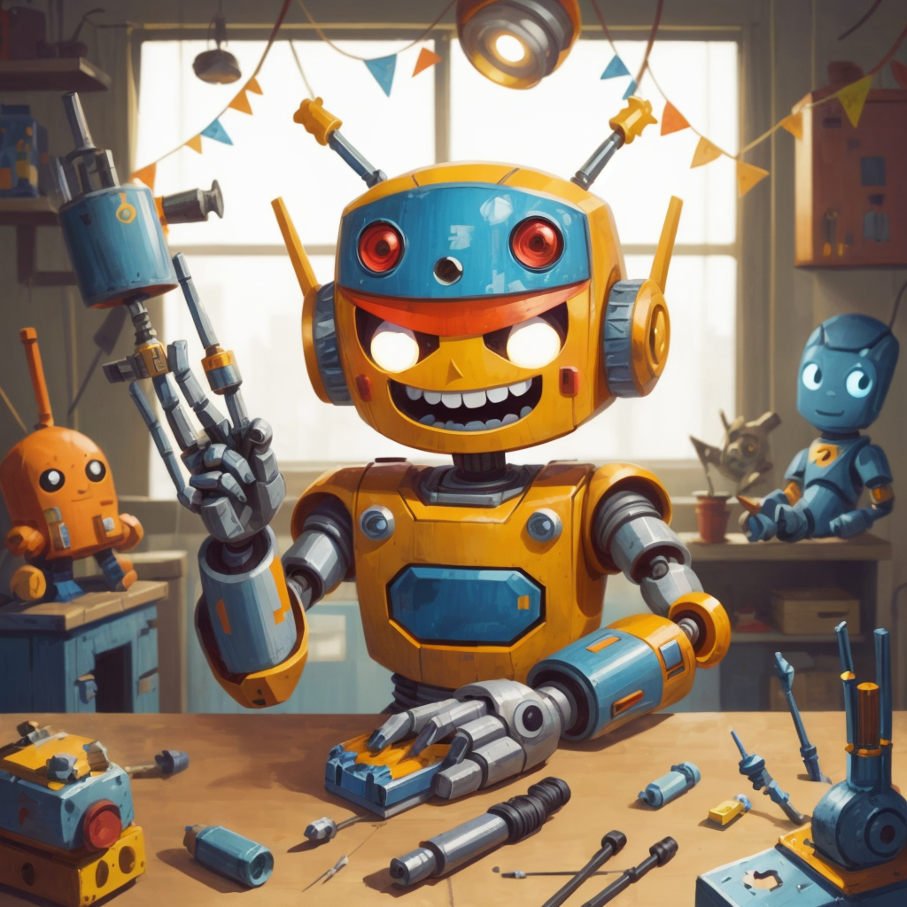 Robbie the robot in his workshop, a screwdriver in hand, with a joyful expression as he works on a shiny robot part.