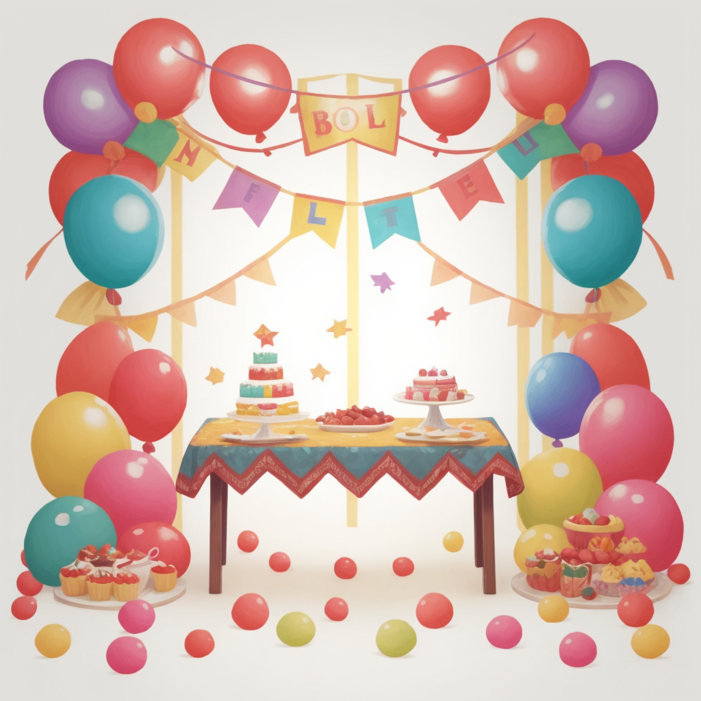 A festive background with colorful balloons and a table with treats, no characters present