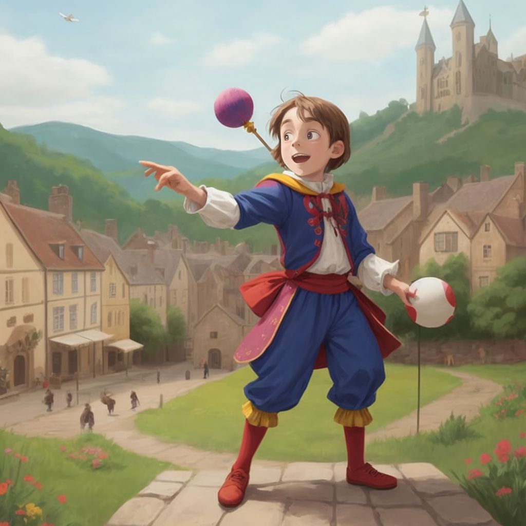 Jester Jingles, performing a juggling act, with a medieval town as the backdrop