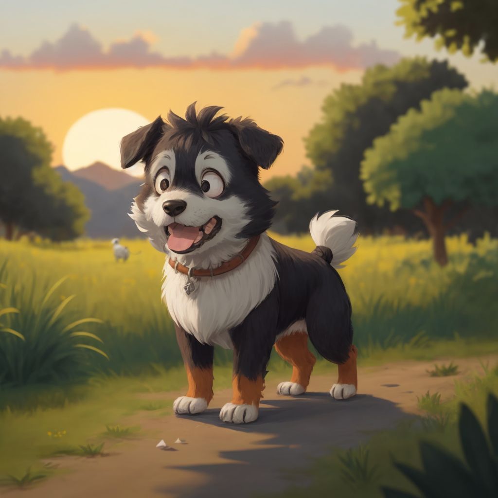 Spud, tired and yawning, walking back home at sunset, dreaming of his next adventure