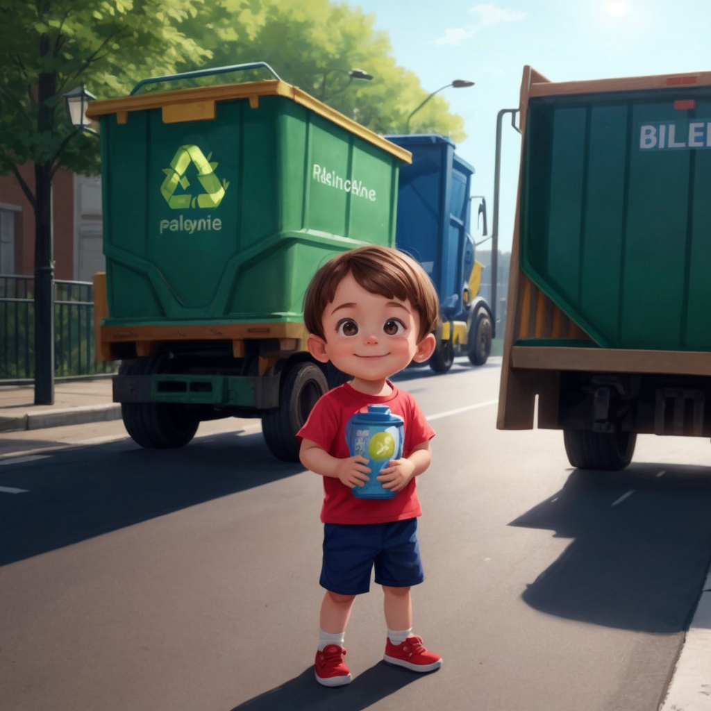 Jax watching a recycling truck collect bins, with a proud smile on his face