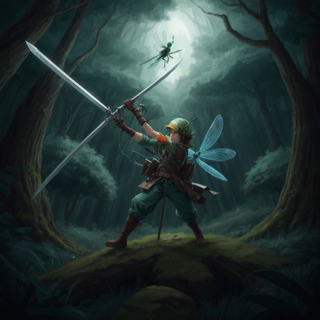 Pablo, the dragonfly, with his sword at the ready, flying through a dark, ominous forest with twisted trees.