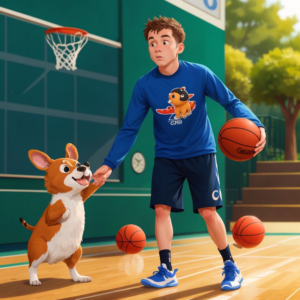 Chip teaching other animals how to dribble a basketball on the court.