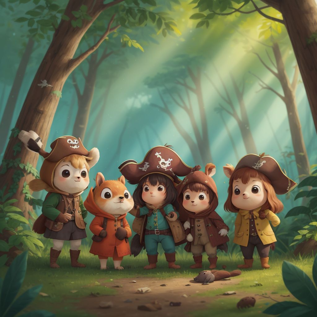 A group of friendly animals in tiny costumes helping the girls through the forest, including a squirrel dressed as a pirate.