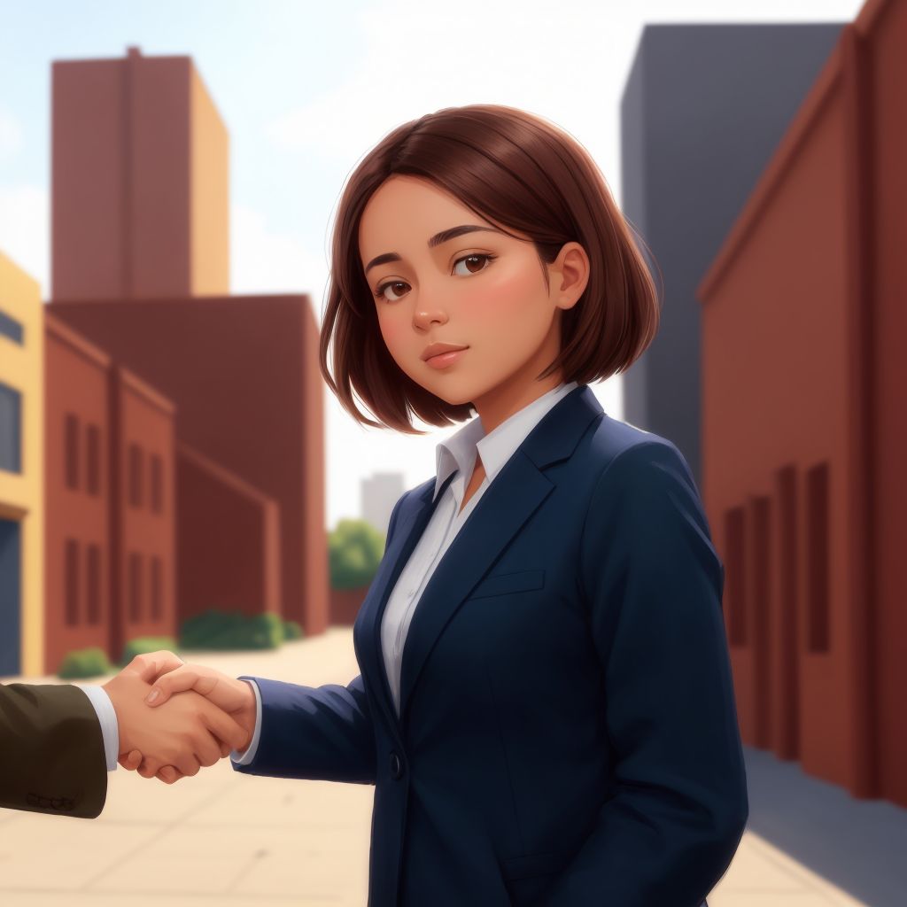 Ellie shaking hands with a business person, a factory in the background