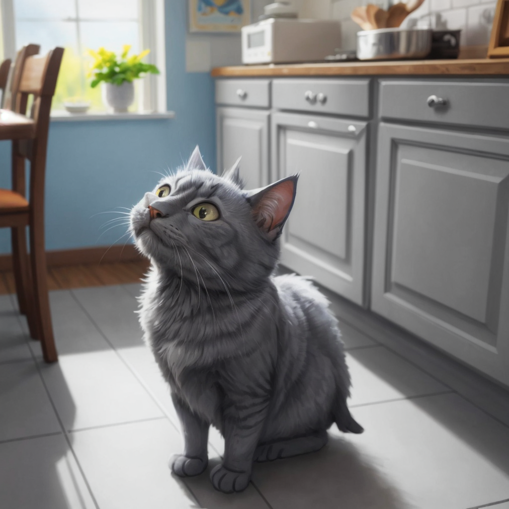 Frodo the cat with an empty food bowl, looking up with pleading eyes, meowing in a kitchen setting.