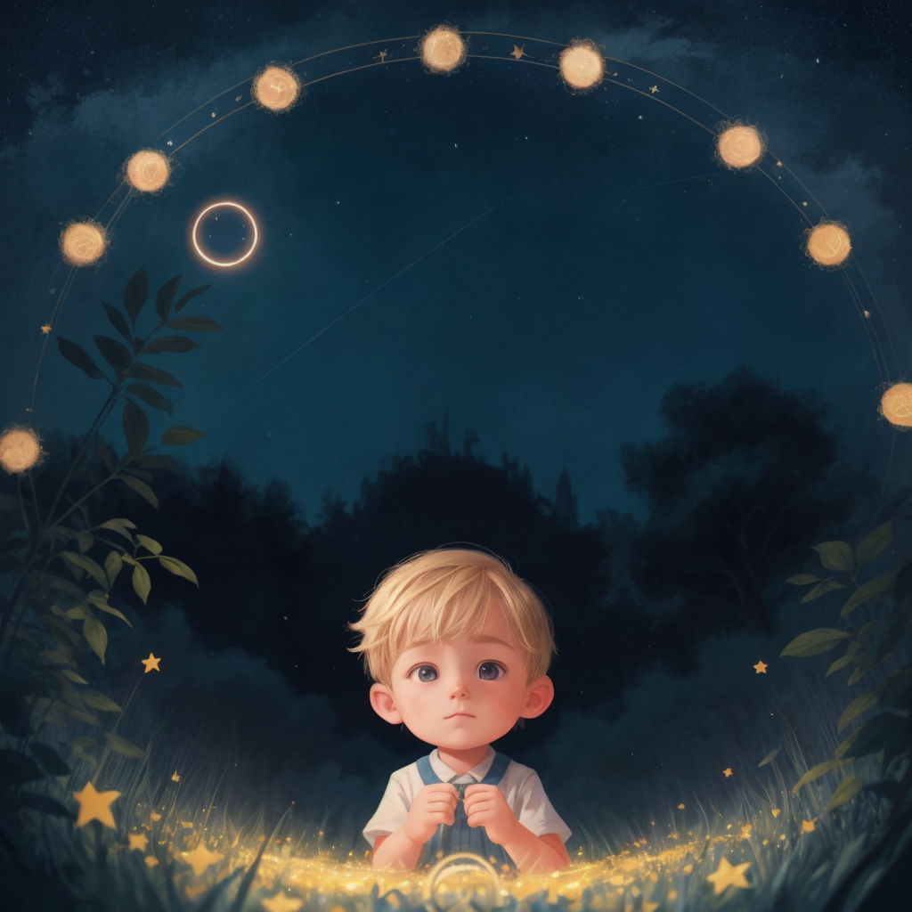 Aron in a dream, surrounded by a circle of fireflies, with a backdrop of a starry night sky.