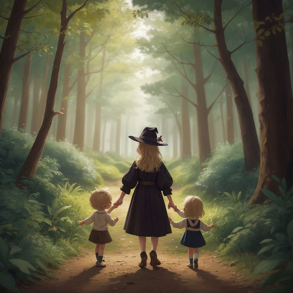 The witch waving goodbye as Brooklyn, Logan, and Daddy walk away through the forest