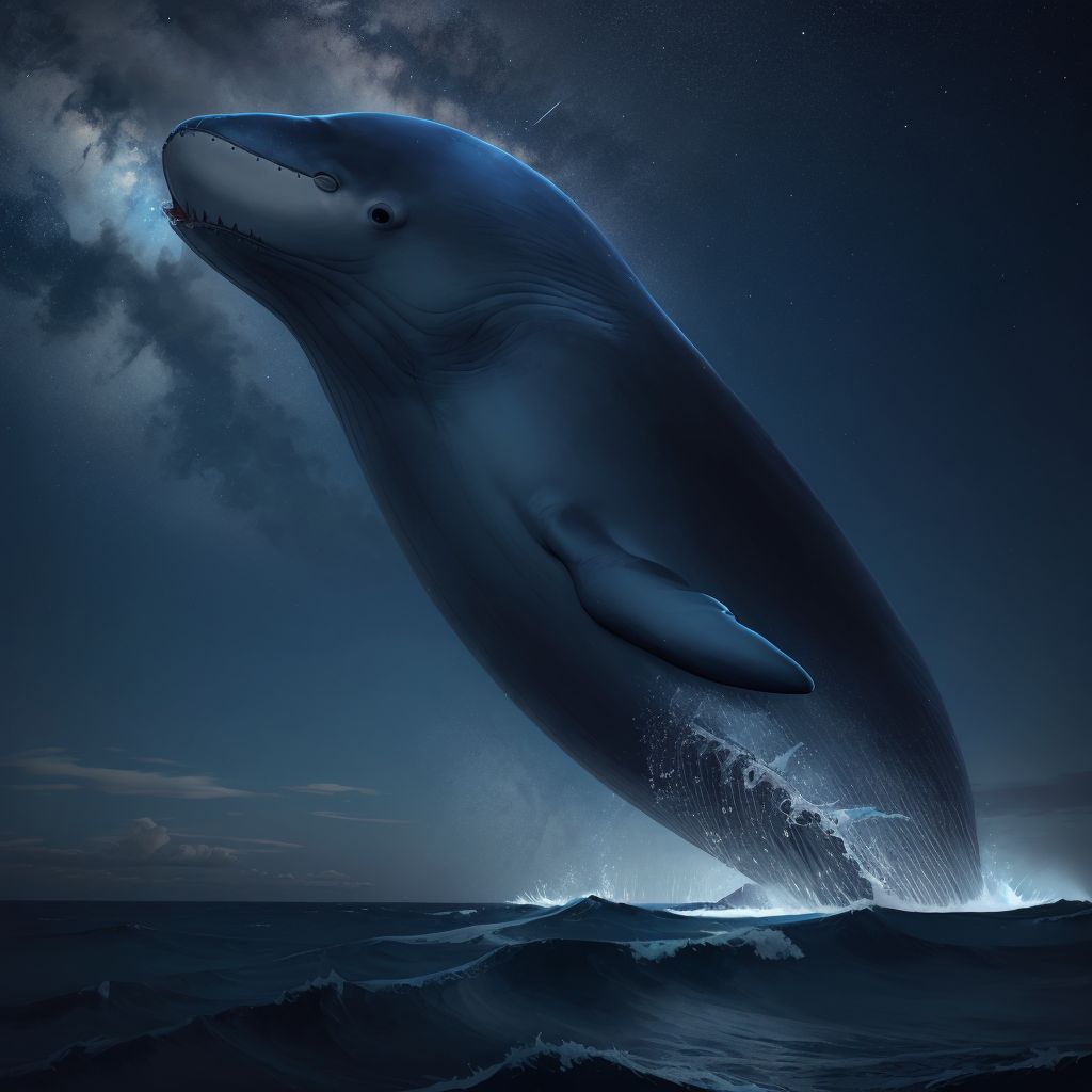 A giant whale named Whisper speaking to the winds, with a backdrop of a starry night sky over the sea.