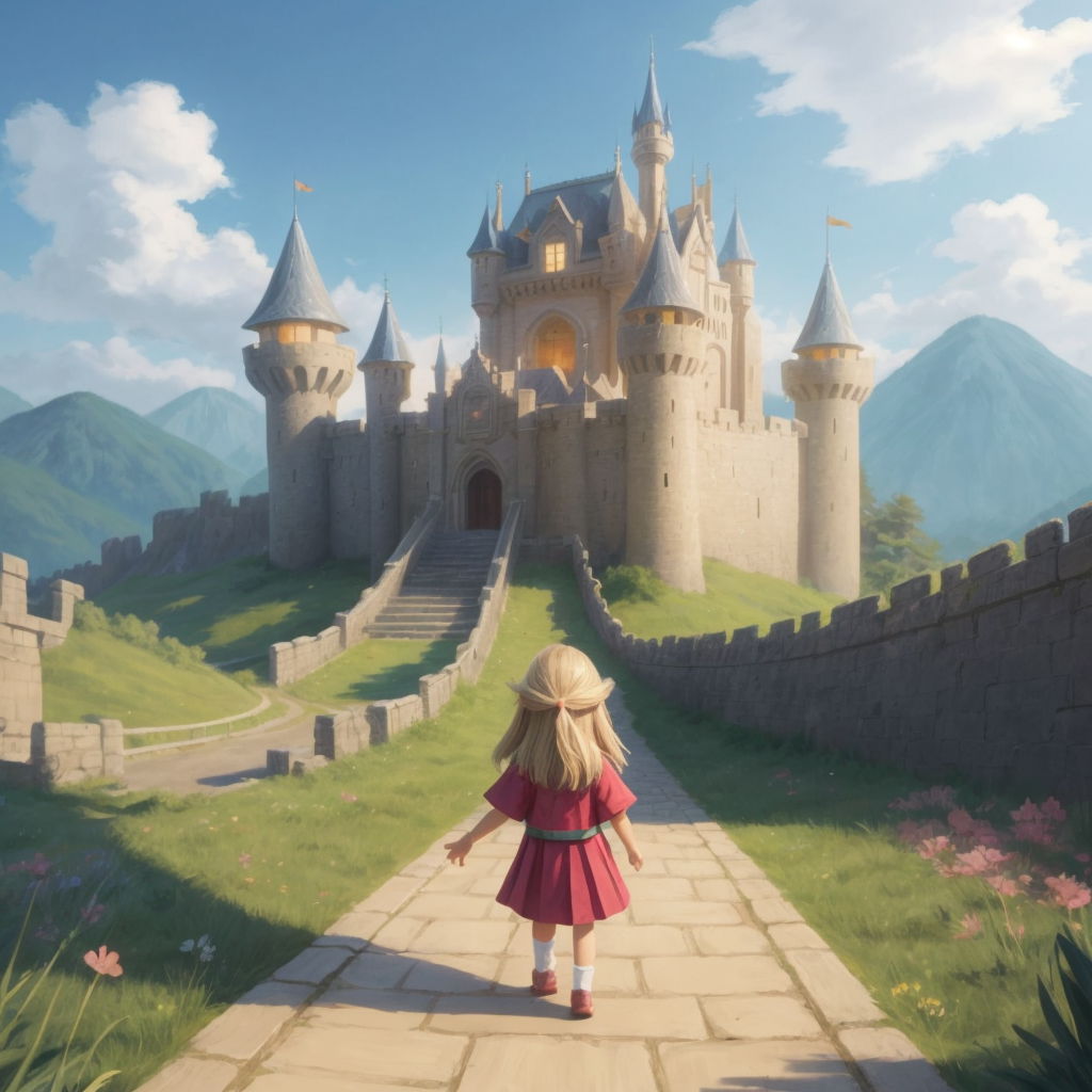 Divine waving goodbye to the castle and its guardians, with a thoughtful expression, as she walks down a clean path back to town.