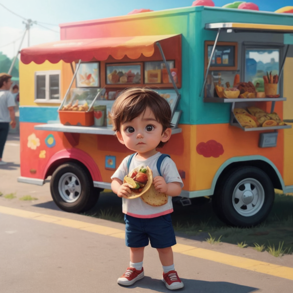 Jax holding a taco in front of a colorful food truck at a festival