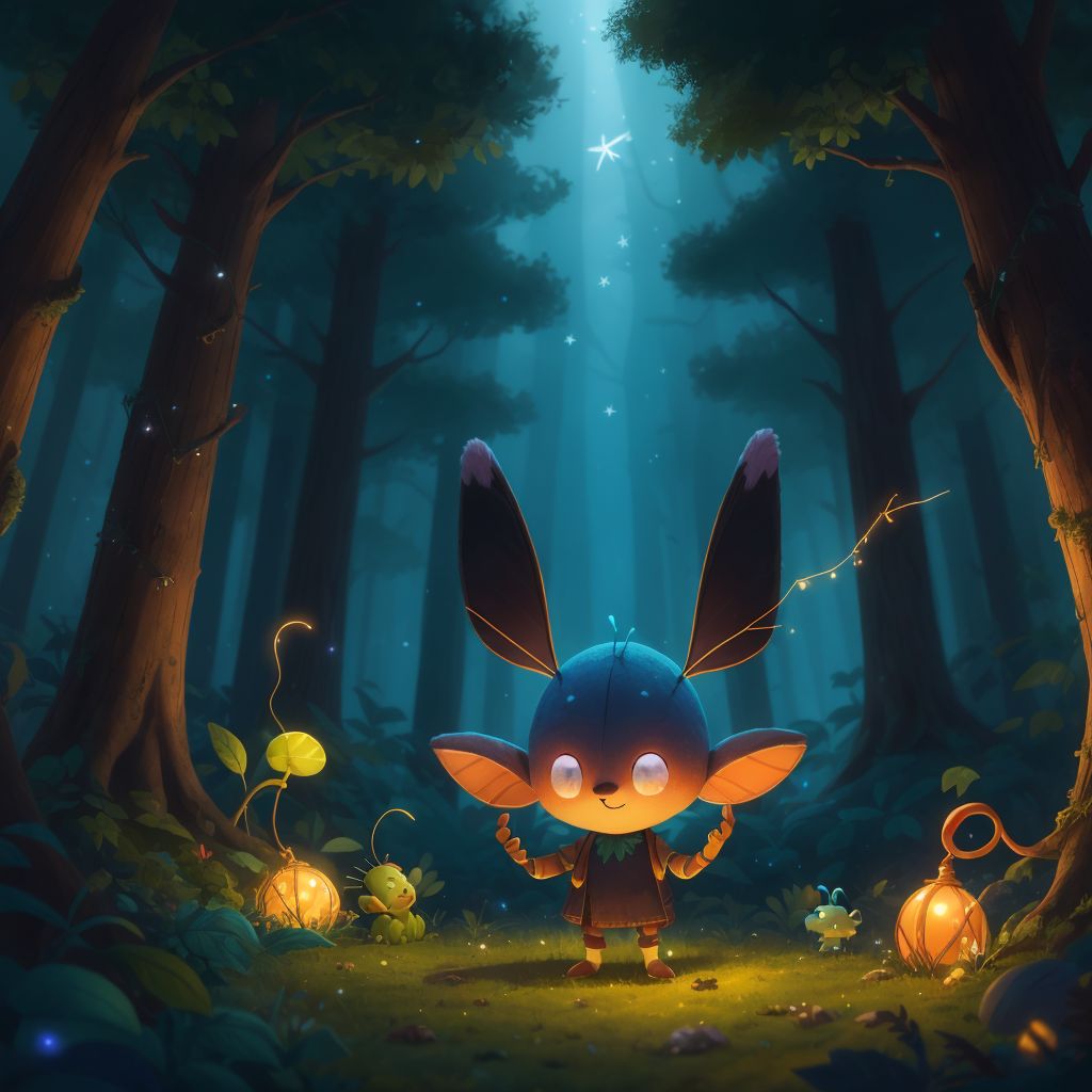 Sparki, with his long antennas glowing, whispering plans to Stitch in the magical forest filled with twinkling lights.