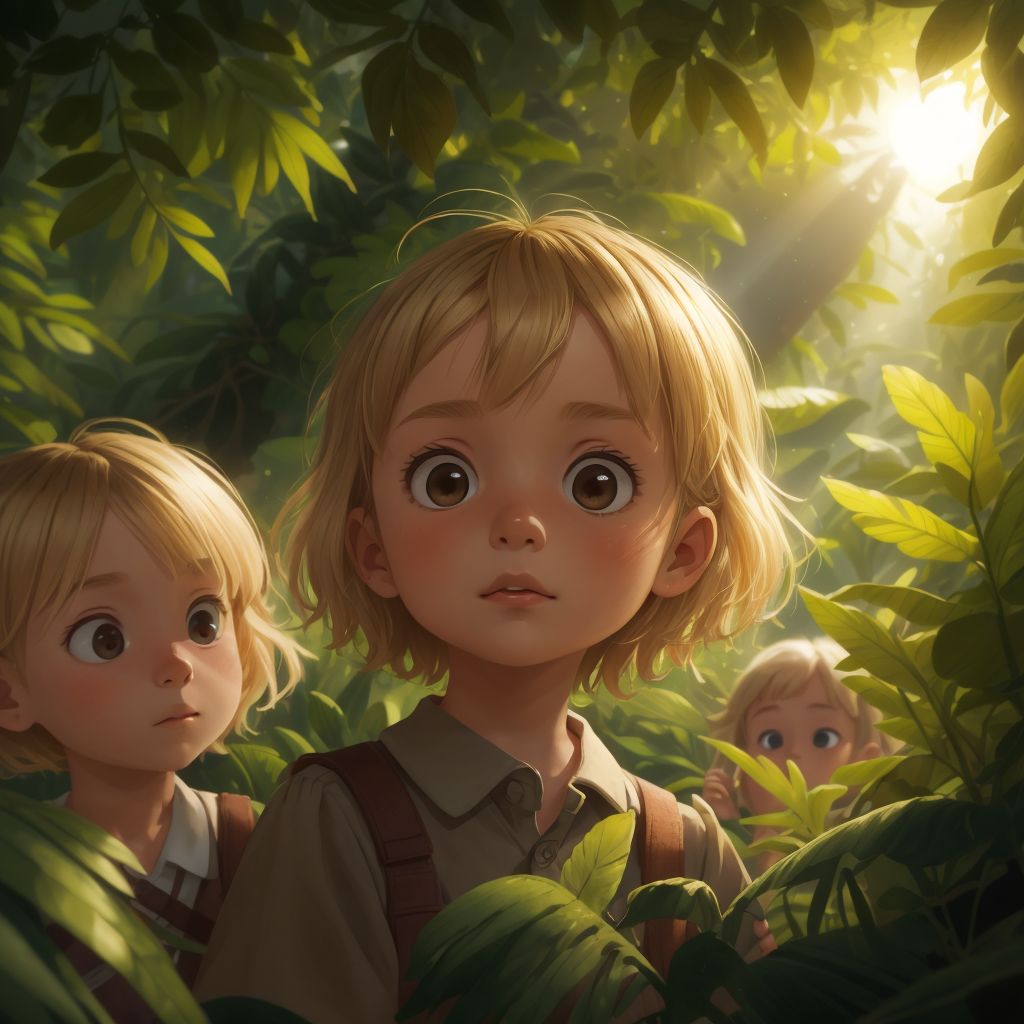 Zhenya and her friends searching a dense jungle under a setting sun, looks of concern on their faces.