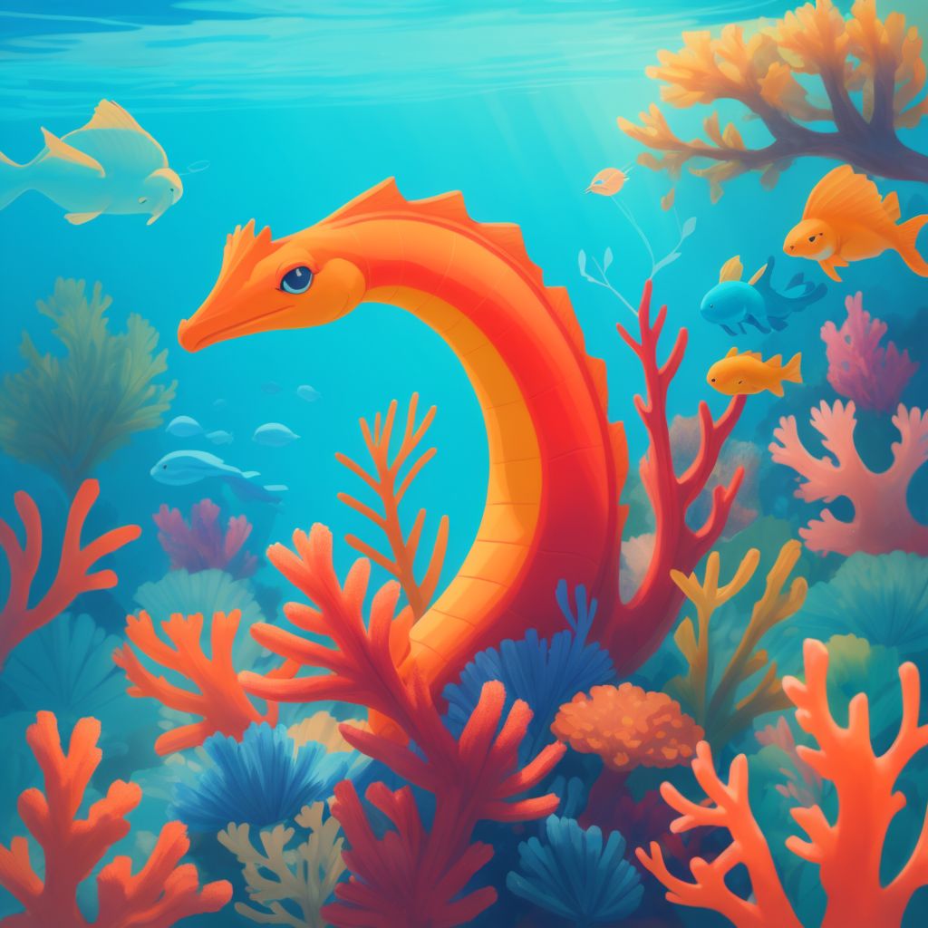 Sam, the friendly seahorse, with a bright smile in front of a colorful coral reef