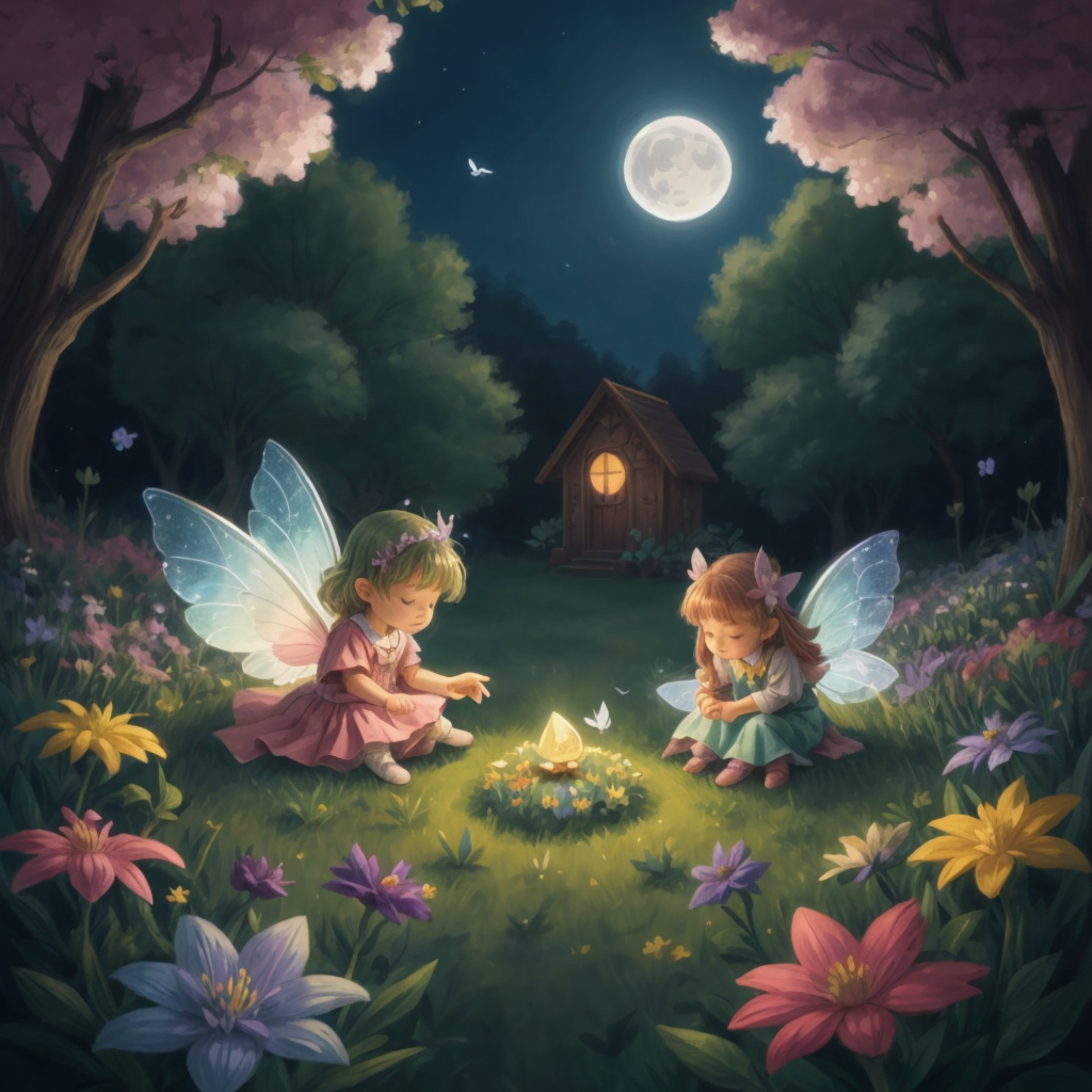 Felicity and friends asleep in their flower beds, with the moon casting a soft glow over the peaceful meadow.