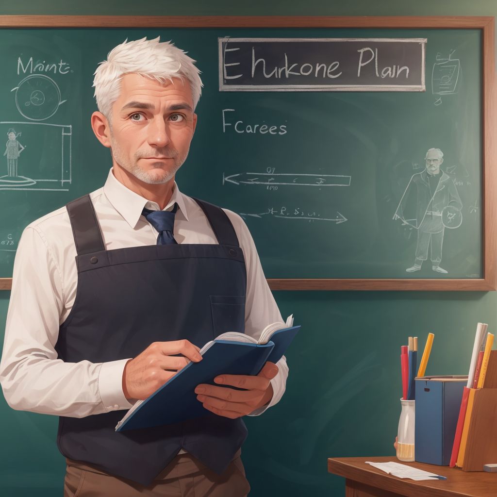 Benjamin Bloom standing in front of a classroom, chalkboard filled with plans and concepts behind him, a look of determination on his face.