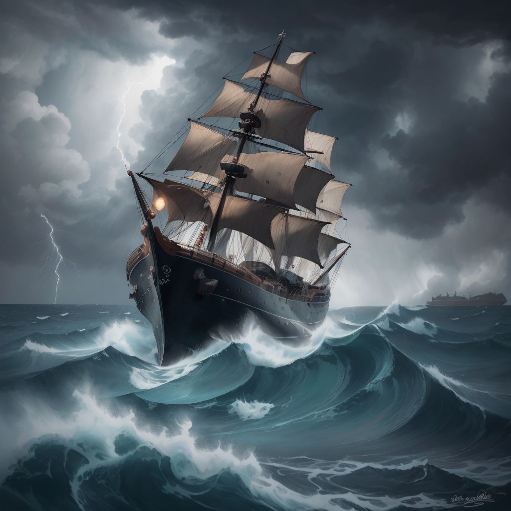 A ship caught in a stormy sea with dark clouds above, suggesting the moment before Whisper calms the storm.