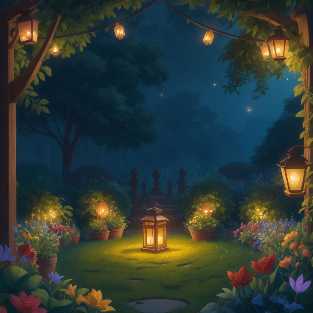 The garden at night, illuminated by lanterns and filled with music and laughter, celebrating life.