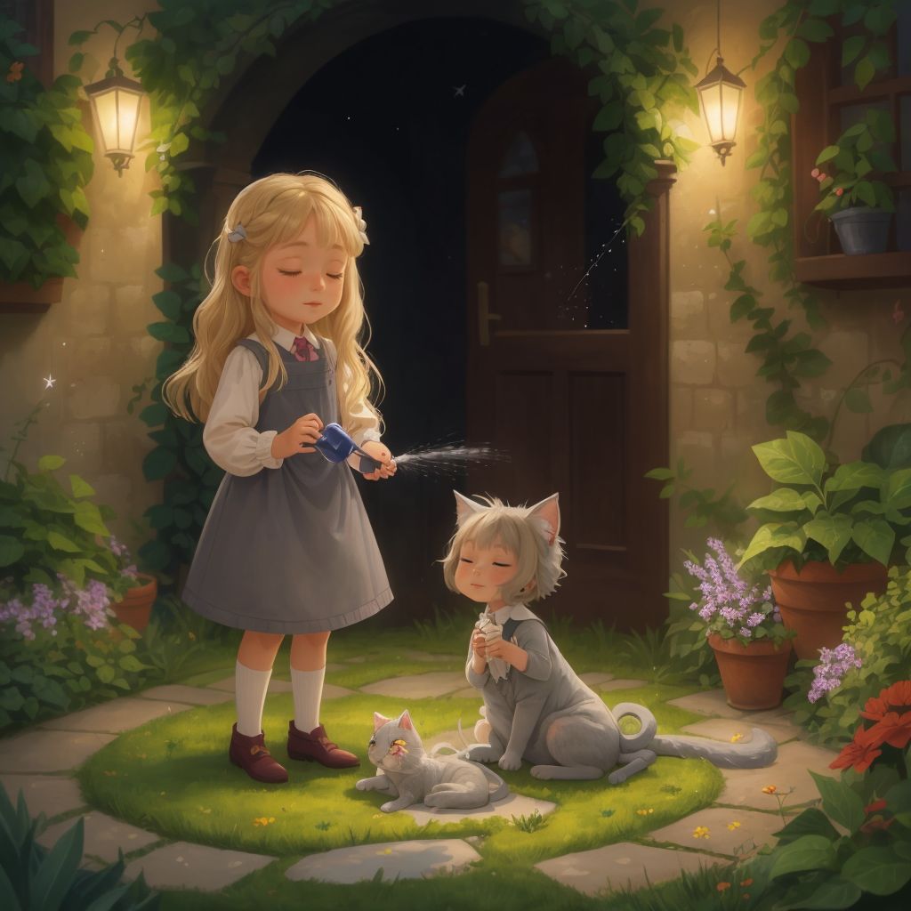 Sundy and Ivy sprinkling a sparkling potion around the garden