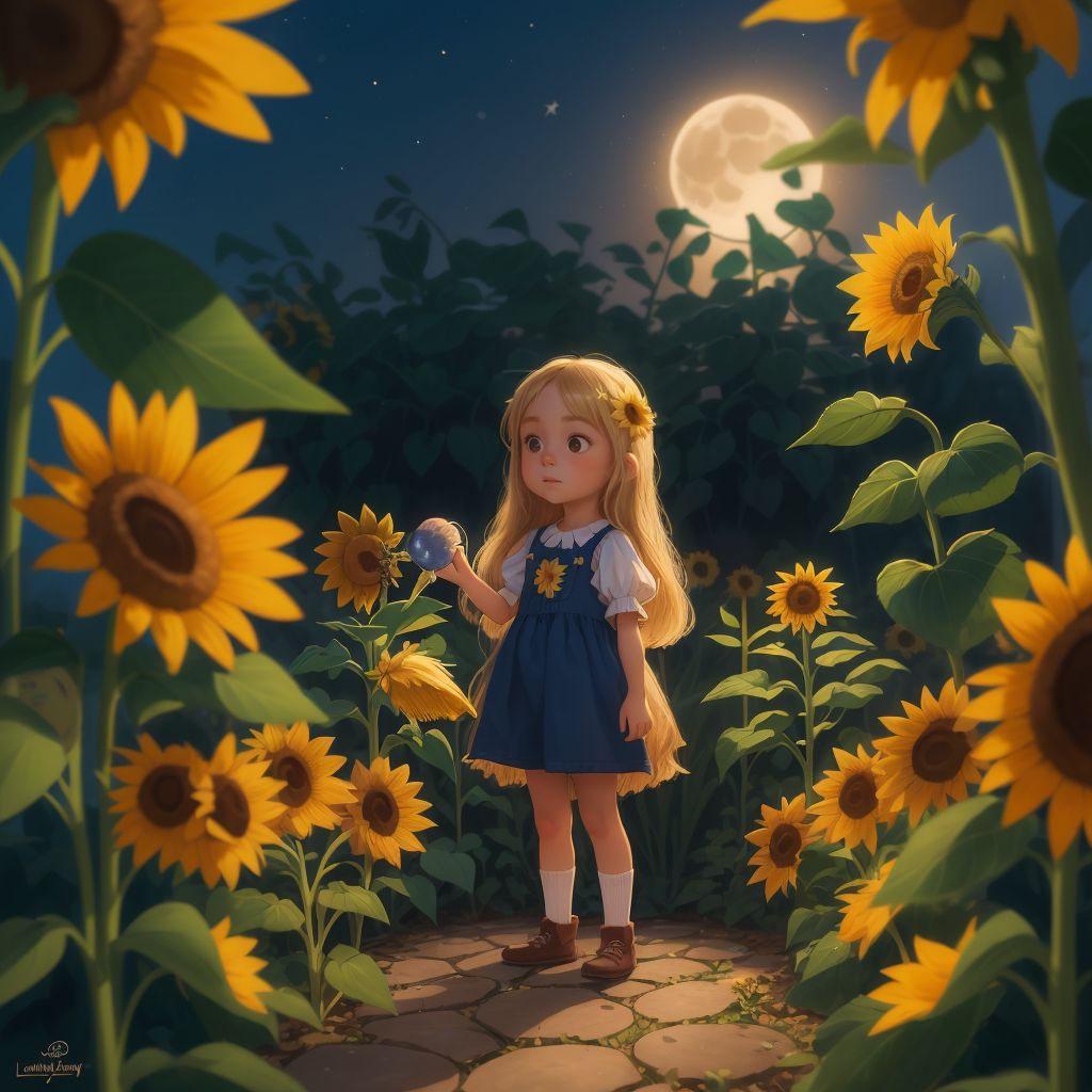 Sundy, with a look of wonder, standing in her moonlit garden with a glowing sunflower (Londy) and Ivy the cat beside her.