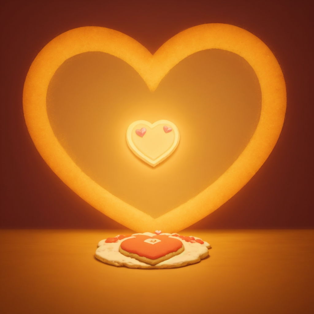 A heart-shaped cookie with a radiant glow, symbolizing the love in cooking, with no characters present.