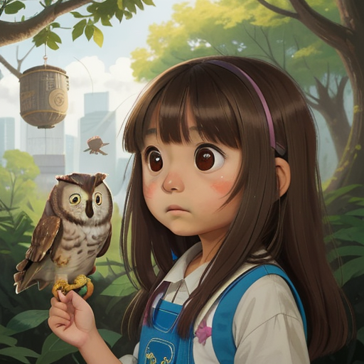 Divine with a guilty expression as Ollie the owl shows her the effects of pollution on the environment.