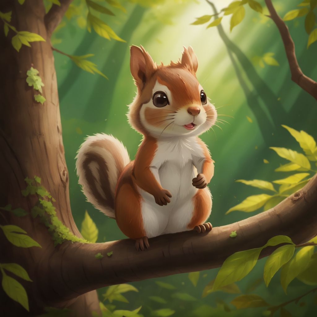 A friendly squirrel standing on a tree branch in an enchanted forest, with shimmering leaves in the background