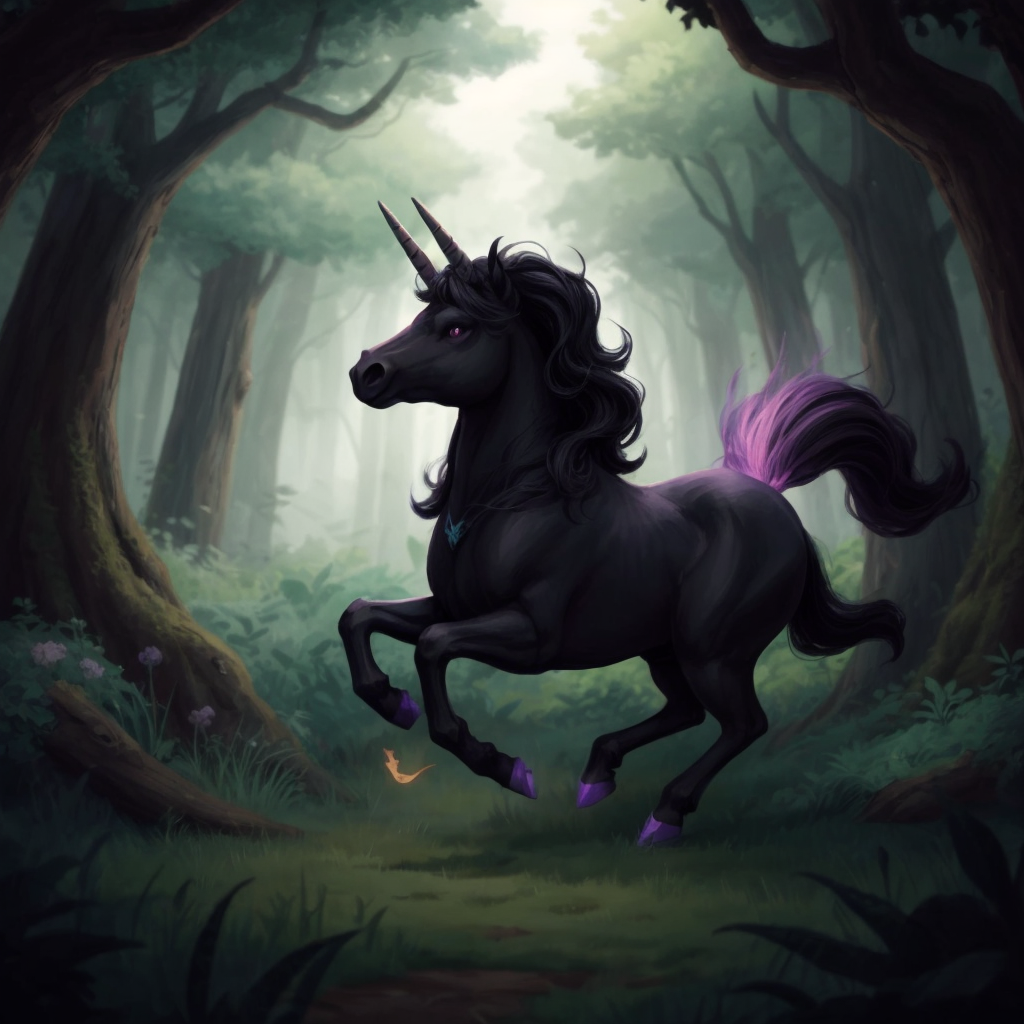 Oswald, the unicorn, charging with determination, horn first, towards an unseen adversary in the forest.