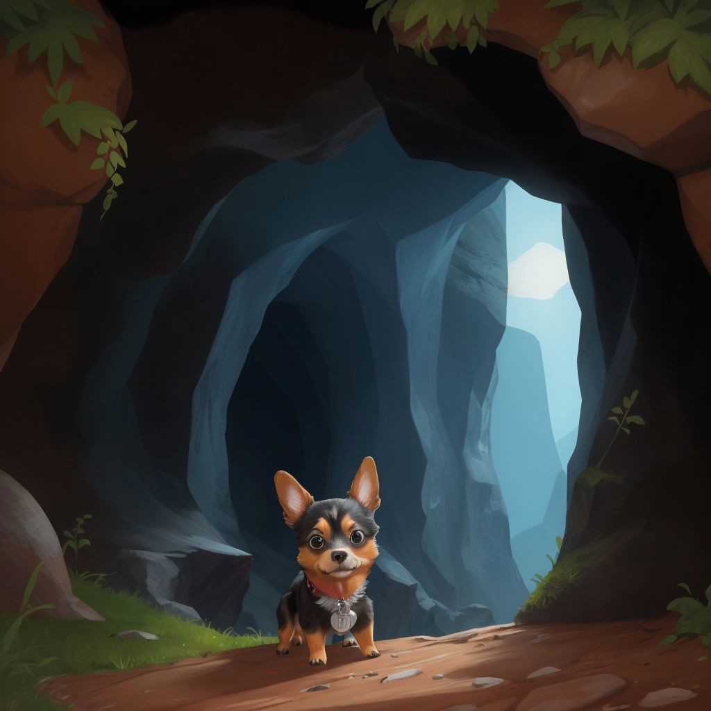 Max sniffing the air at the entrance of a dark cave, looking curious and a bit anxious