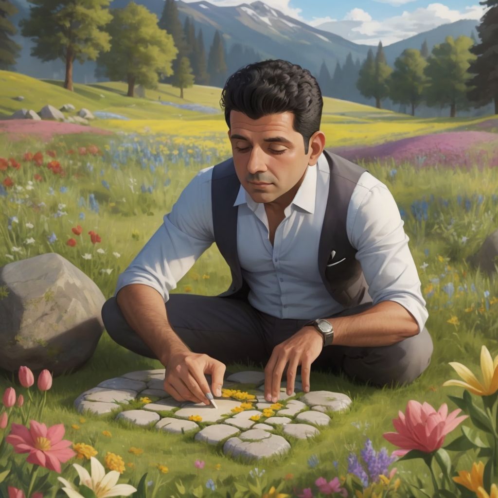 Sunny Varkey working on a large, stone puzzle in a meadow filled with colorful flowers, with a look of concentration on his face