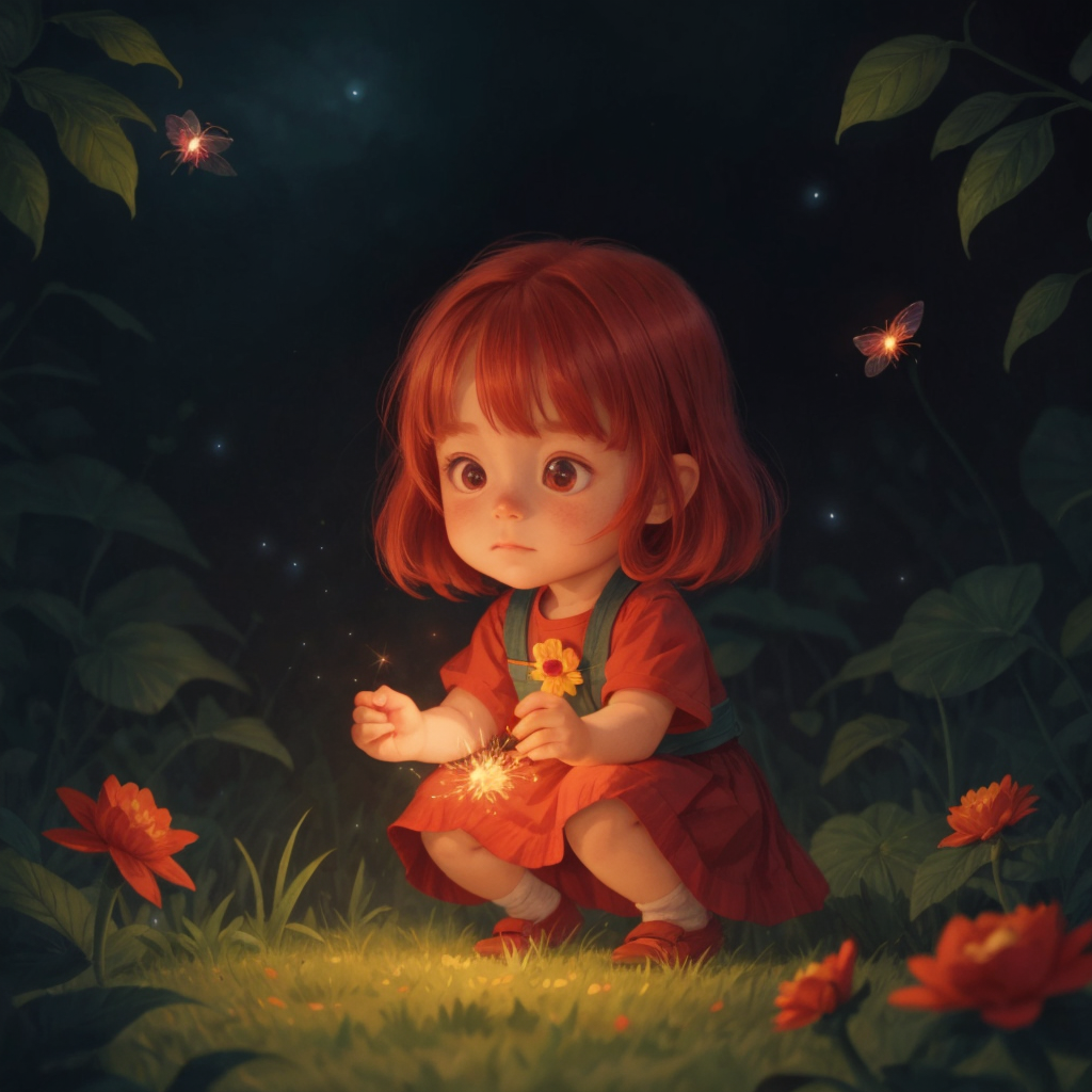 Arwyn surrounded by sparkling fireflies in the night, touching an enchanting flower.