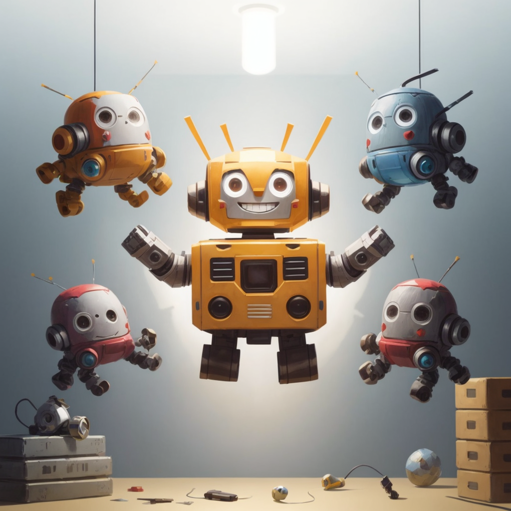 A variety of magnetic robot parts floating in the air, as Robbie assembles them with a smile.