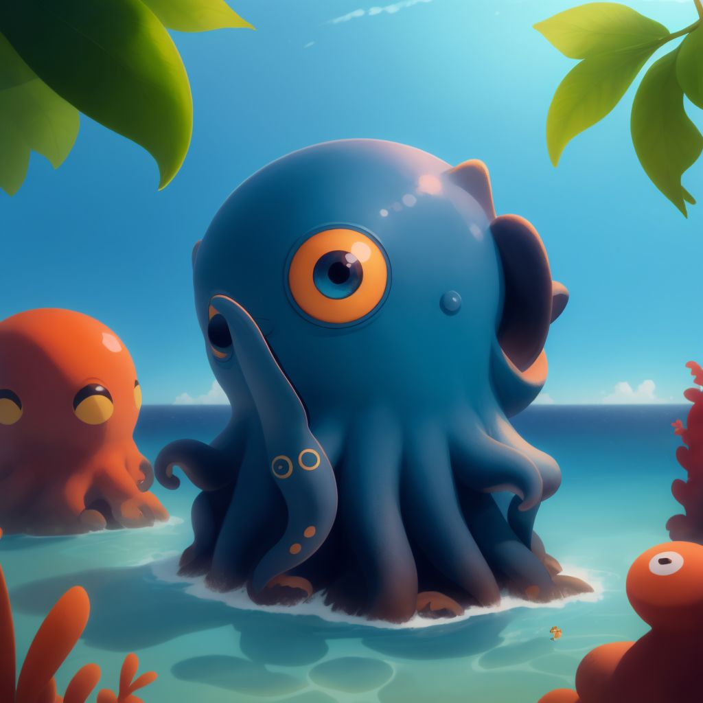 Otto, the curious little octopus, saying goodbye to his family with a vast blue ocean in the background