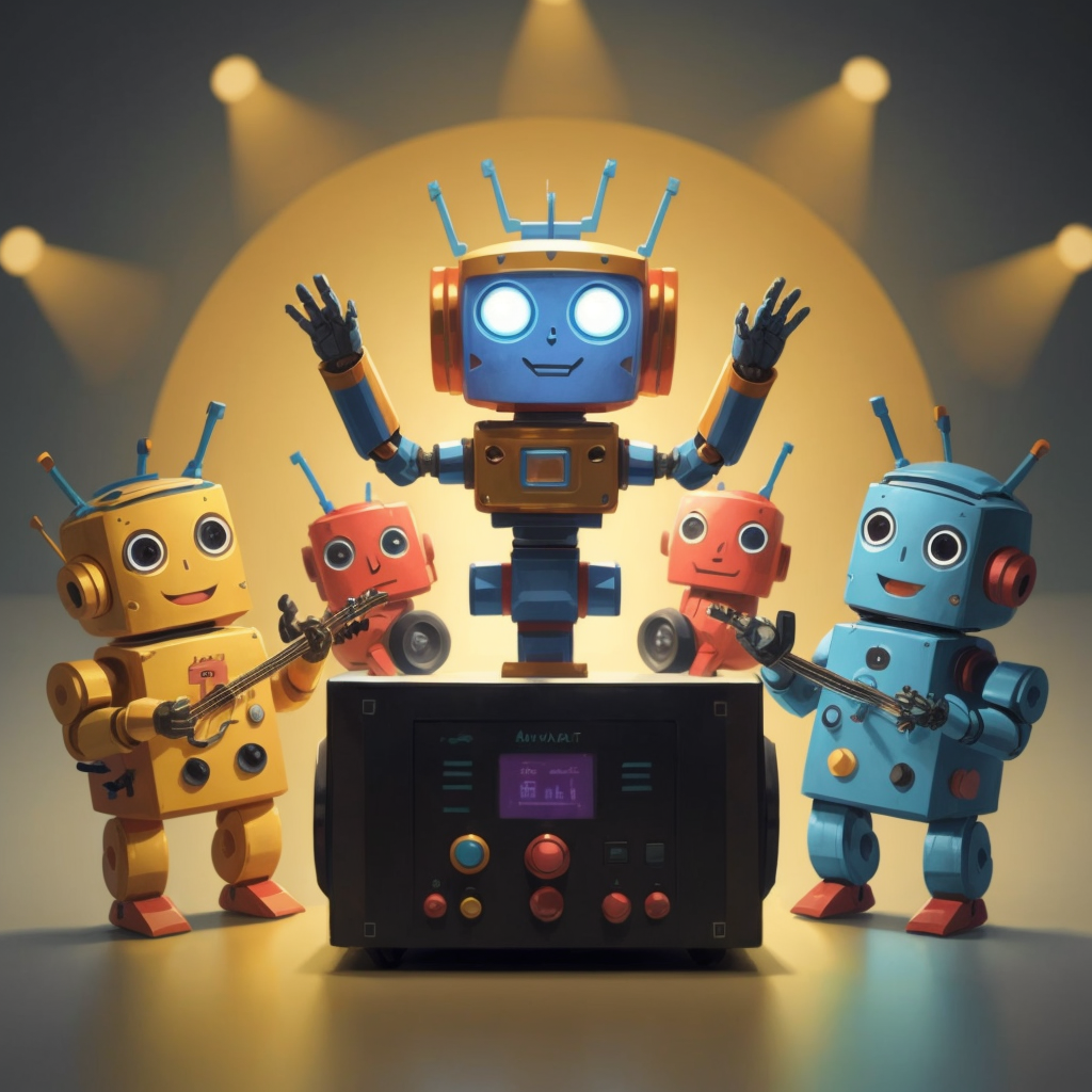 A robot-made musical instrument, with Robbie conducting an orchestra of robots in the background.