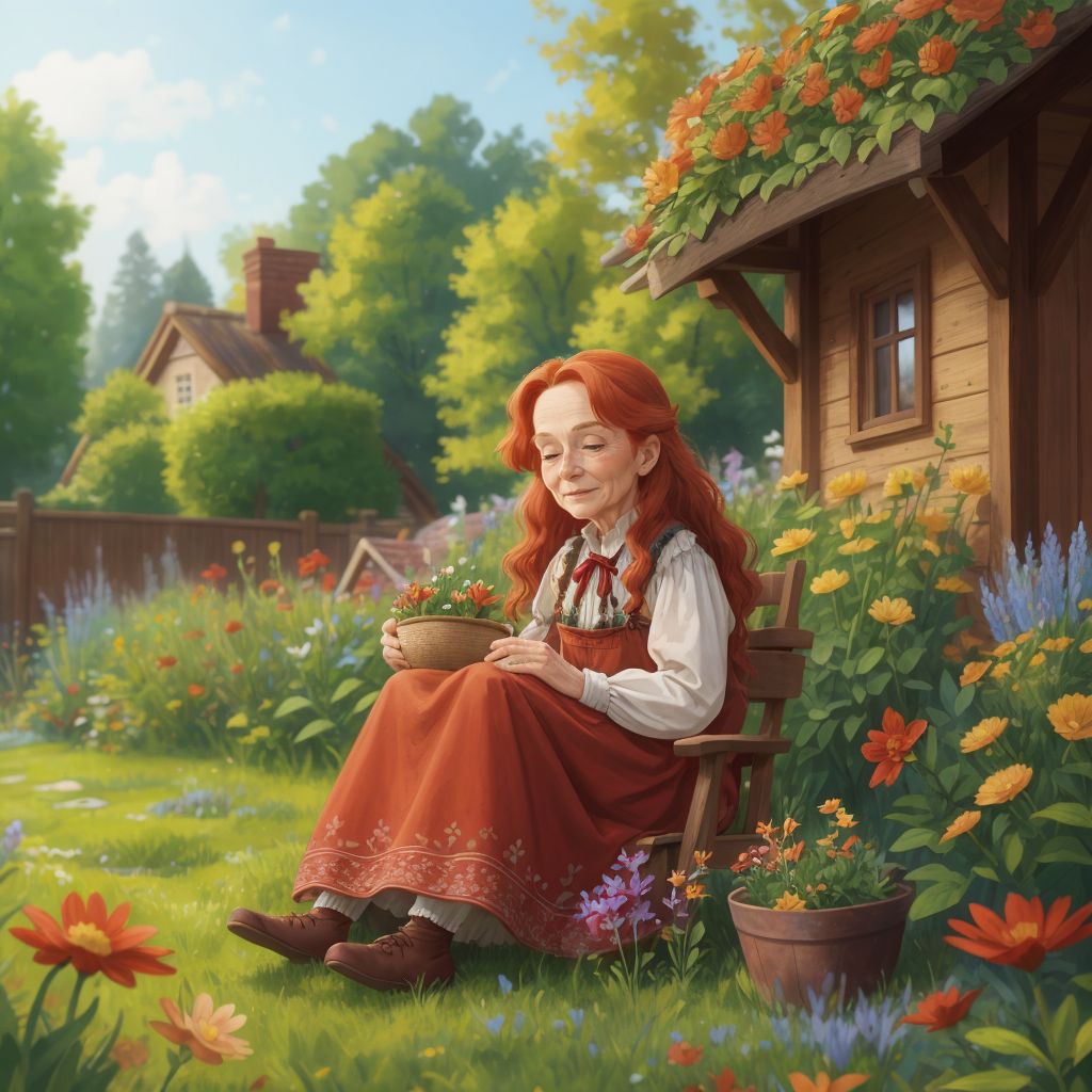 Esmerelda playing in the garden with flowers arranged as if they were sitting for a meal. Background shows a cozy cottage and vast meadows.