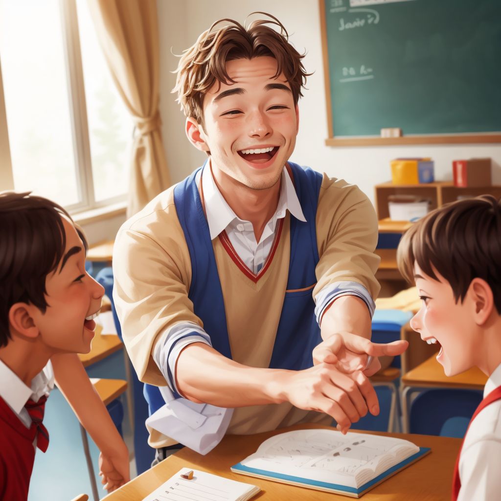 A joyful Benjamin watching students engaging eagerly with their lessons, a classroom filled with excitement.