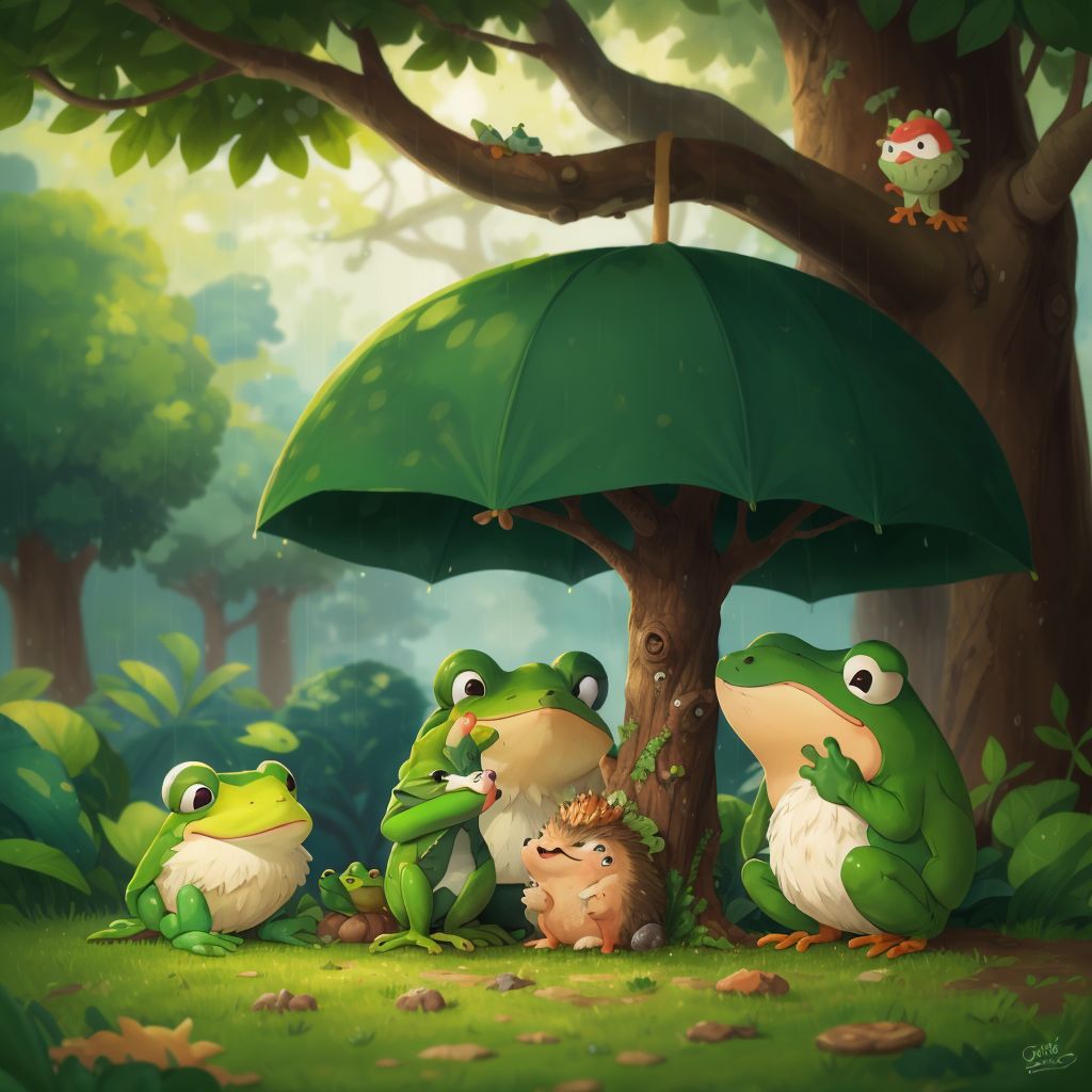 Chip, Frog, and Hedgehog huddled under a big tree, shielding from the rain.