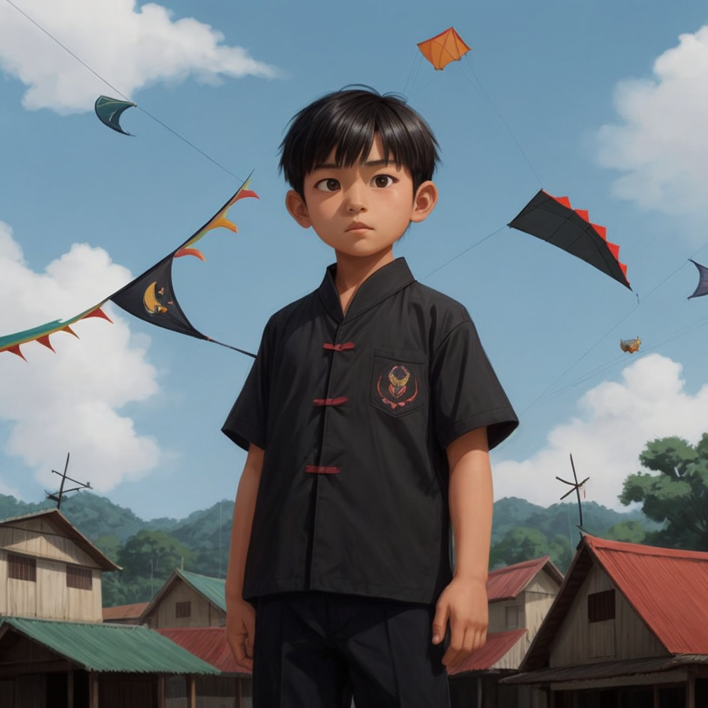 Izzat looking somber with a traditional Kelantanese village background and wau (kites) hanging in the background.