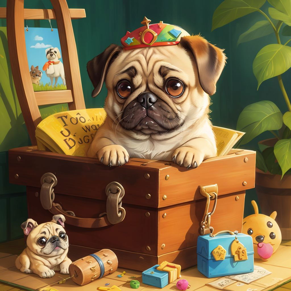 Mailo opening a treasure chest filled with toys and books, with a wise and content expression
