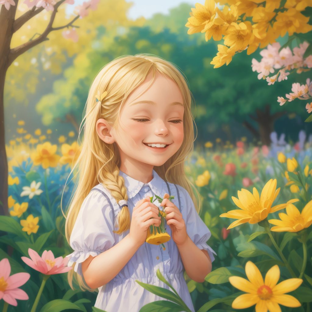 A serene morning in the garden, with Sundy smiling among the brightly blooming flowers.