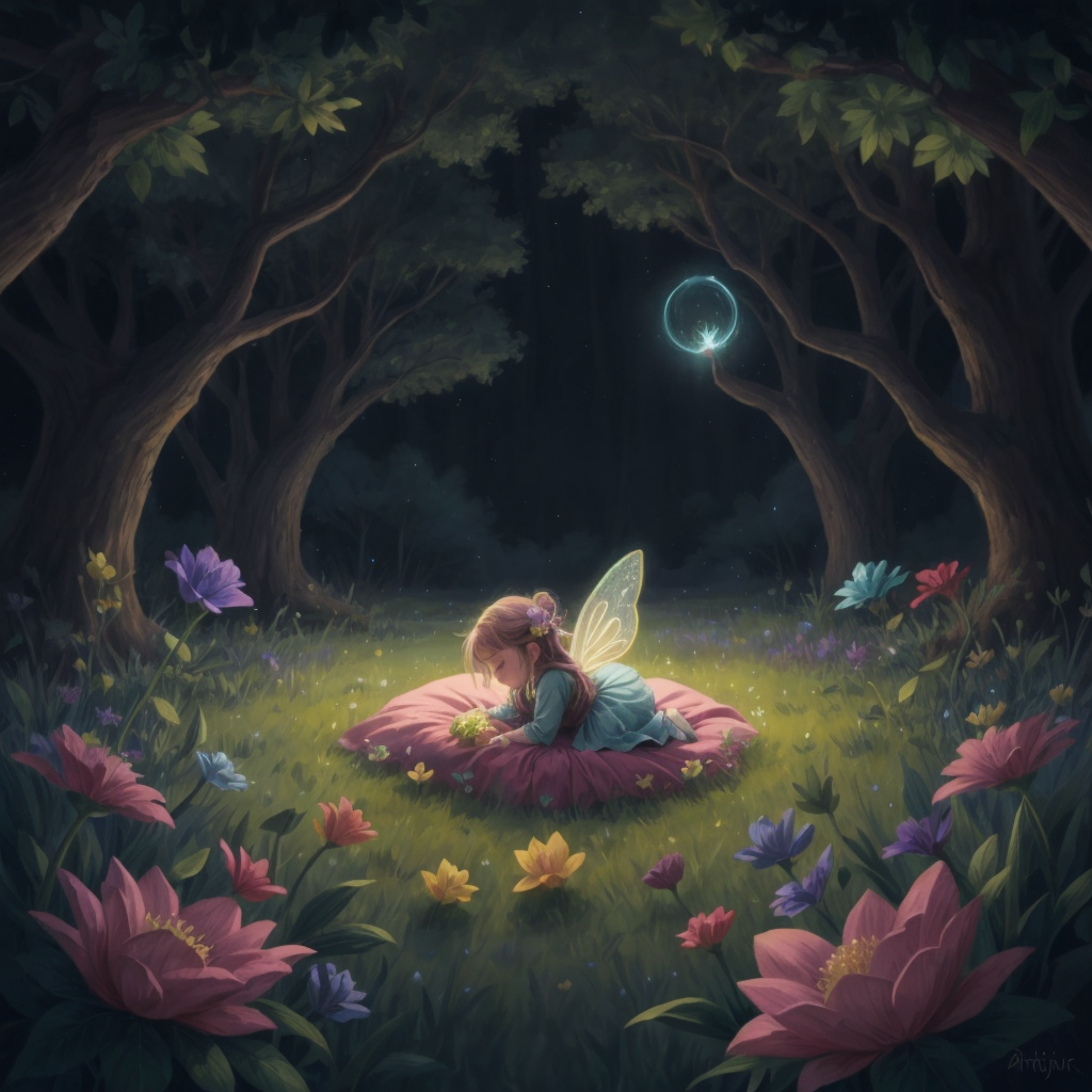 A serene nighttime scene in the Enchanted Meadow, with Felicity asleep in a petal bed, dreamscape imagery in the background.