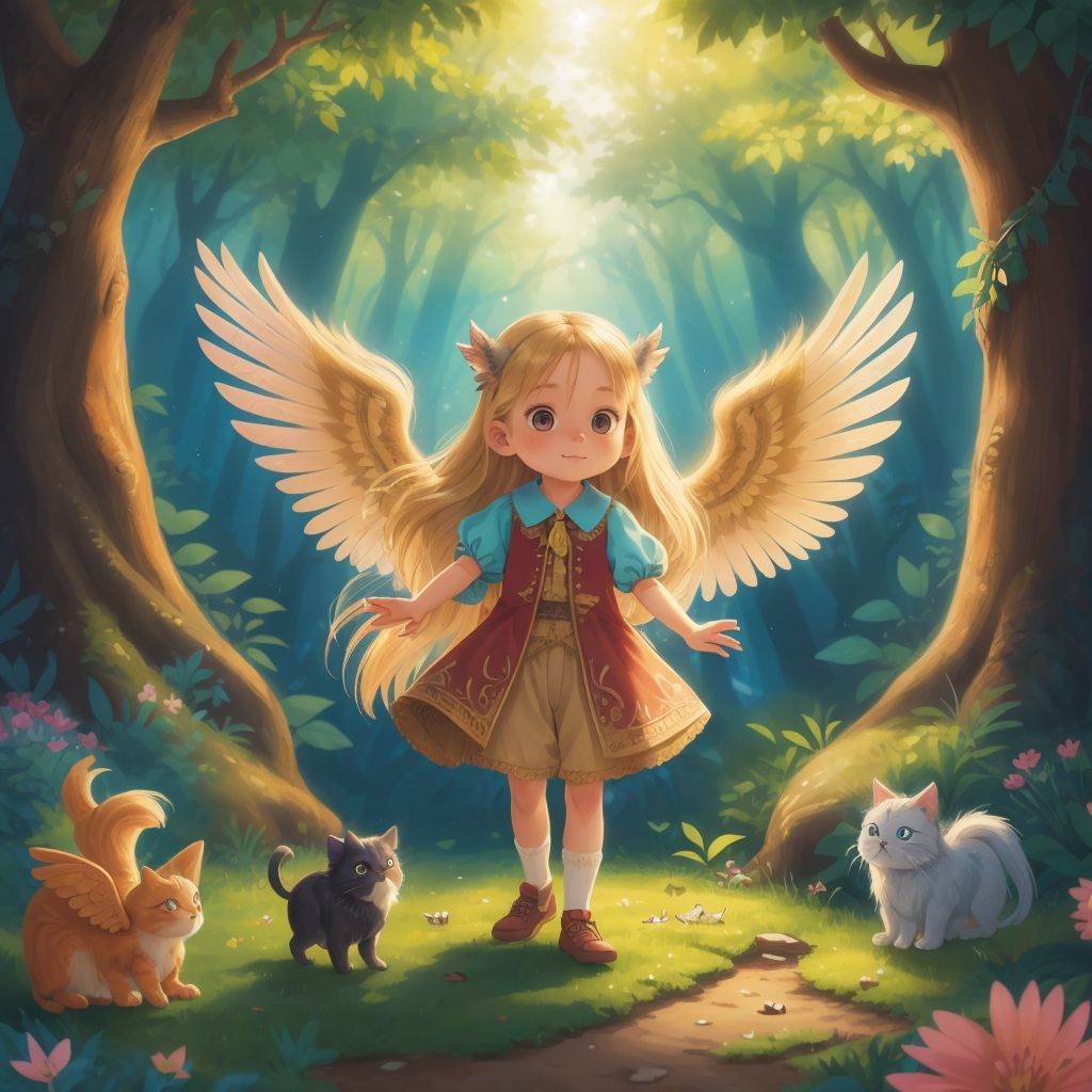 Sundy and Ivy (with wings) stepping into a magical forest, full of vibrant colors and mystical light.