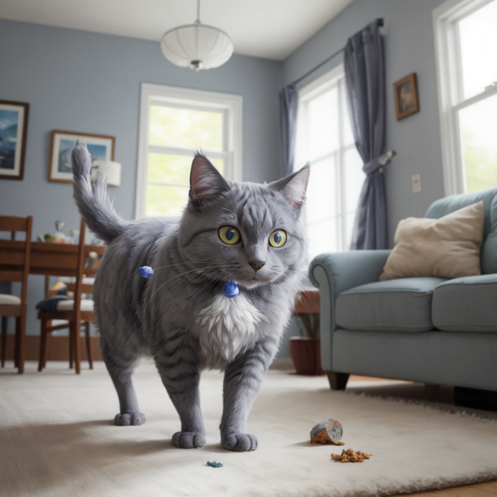 Frodo carrying the food bowl in his mouth, determination in his eyes, with a blurred background of a living room.