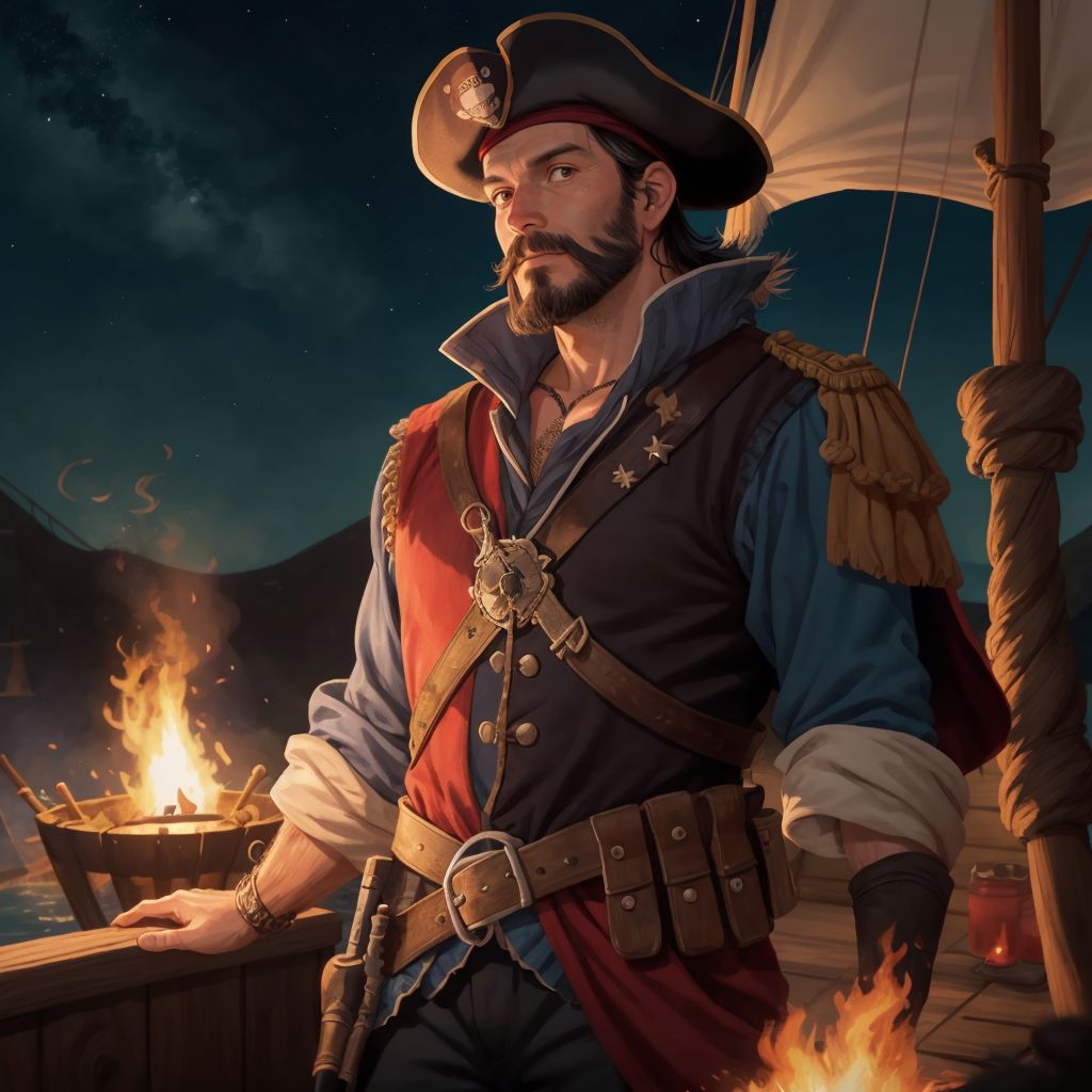 Captain Blackbeard standing confidently on the deck, addressing his crew with a fire behind him and stars above.