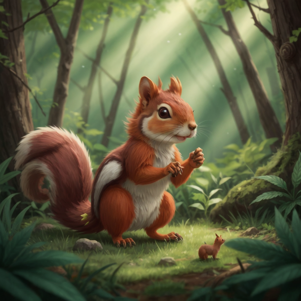 A helpful squirrel in the forest, with no characters present.