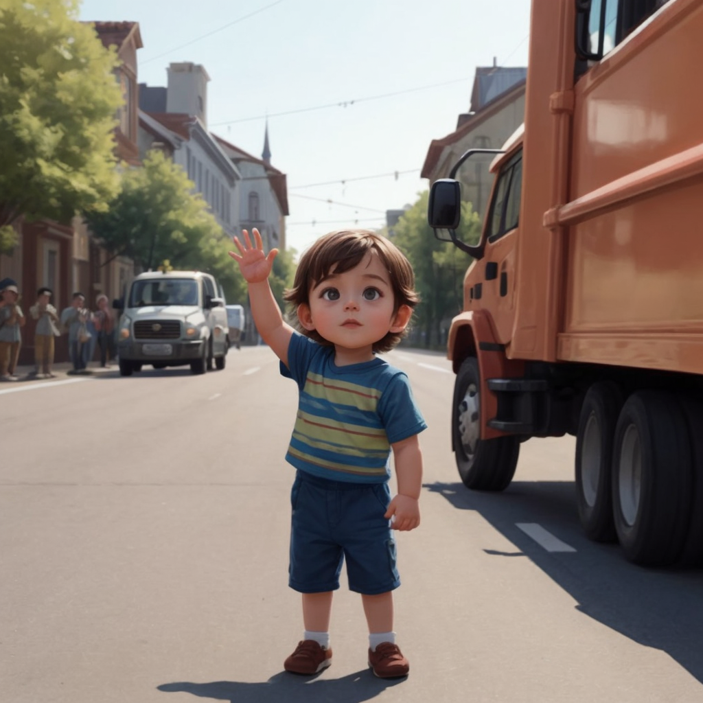 Jax waving at a parade of various trucks passing by in the neighborhood