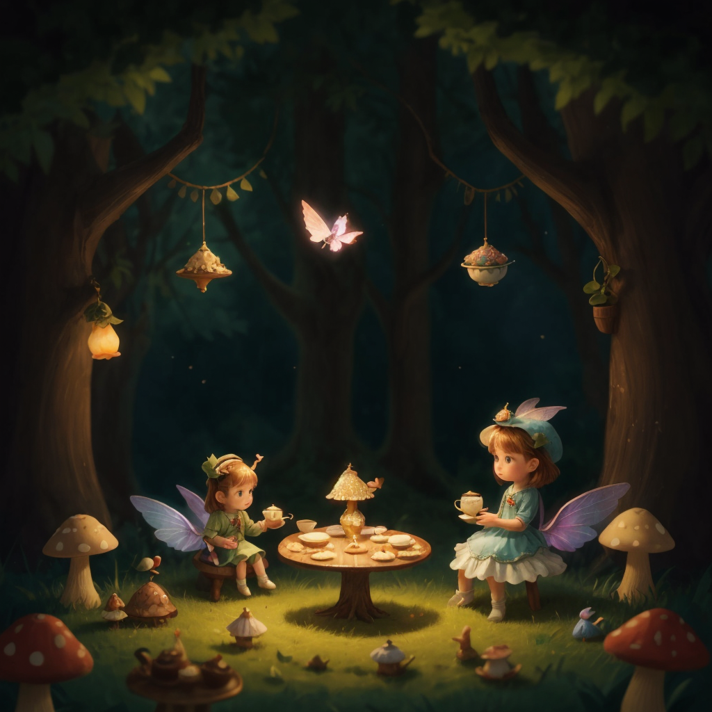 A whimsical night-time tea party setup, with Felicity placing the last acorn cap teacup on a mushroom table.