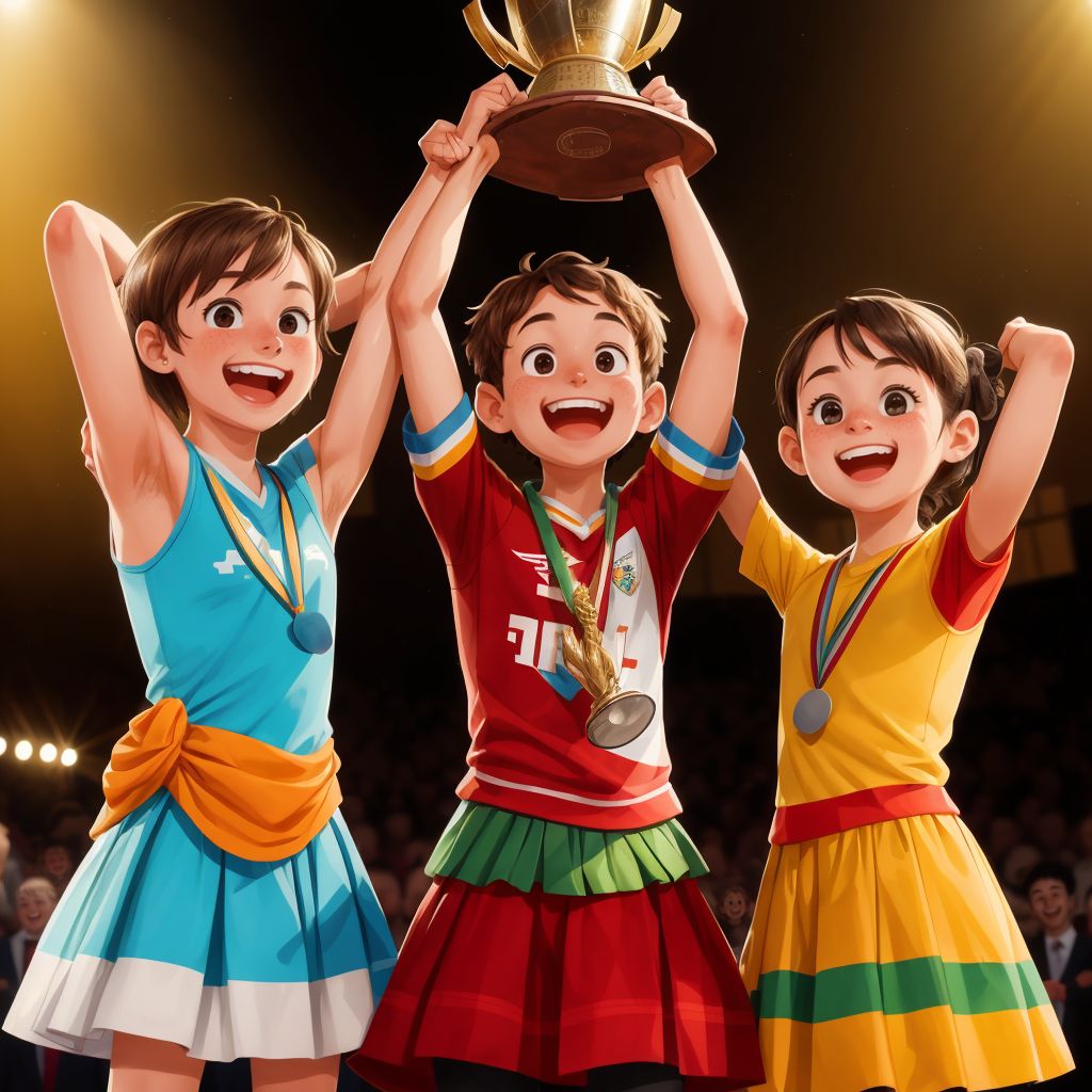 The trio holding up a trophy together, with a proud and joyful expression.